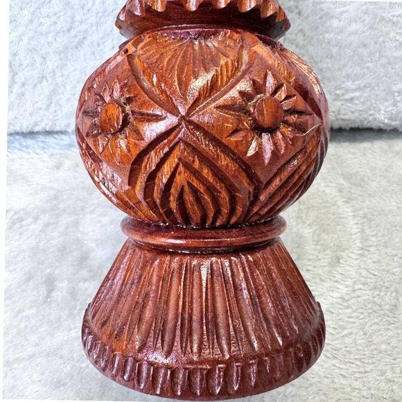MCM Folk Art Carved Wooden Vase Ornate Floral Design Dark Wood Decorative Accent - Picture 6 of 7